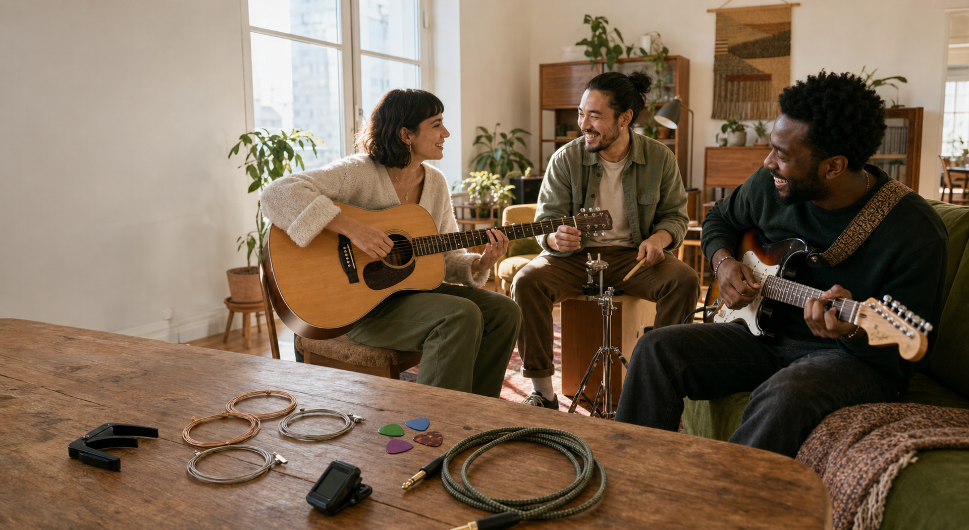 Friends playing guitars together around a table of everyday music accessories